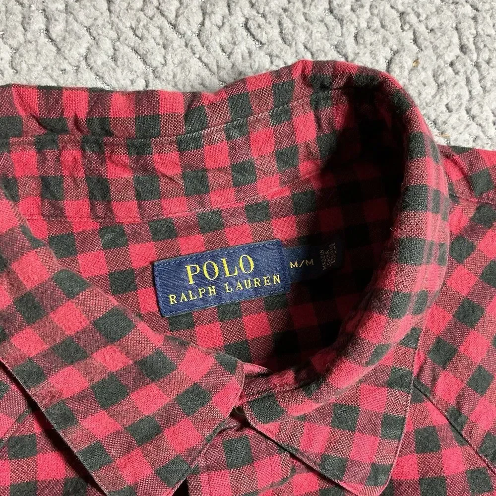 Polo Ralph‎ Lauren Shirt Mens Medium Red Black Gingham Pearl Snap Western Cowboy
